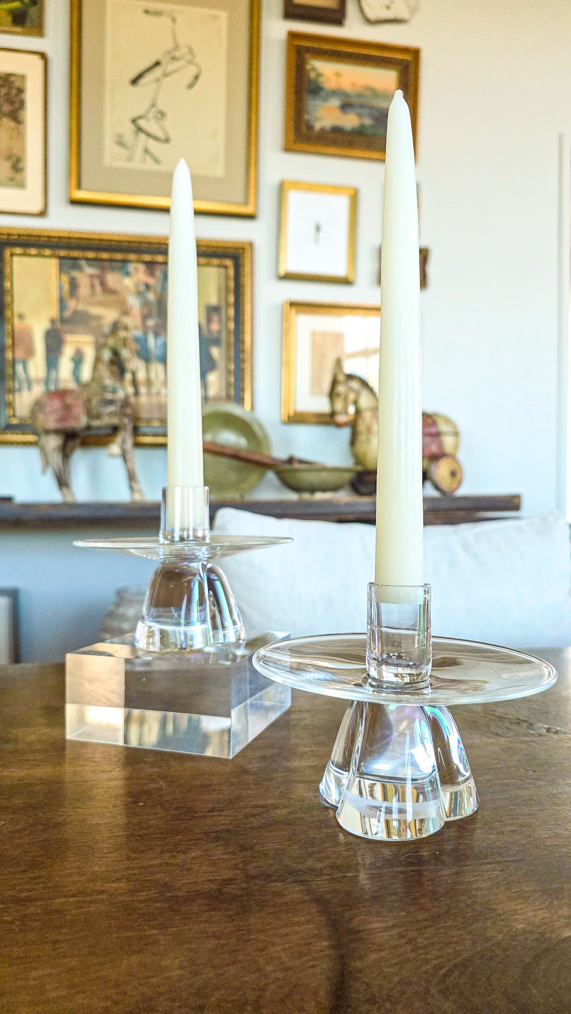 Vintage Pair Steuben MCM Clear Crystal Short Footed Candlesticks