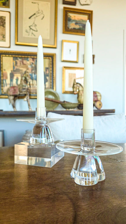 Vintage Pair Steuben MCM Clear Crystal Short Footed Candlesticks