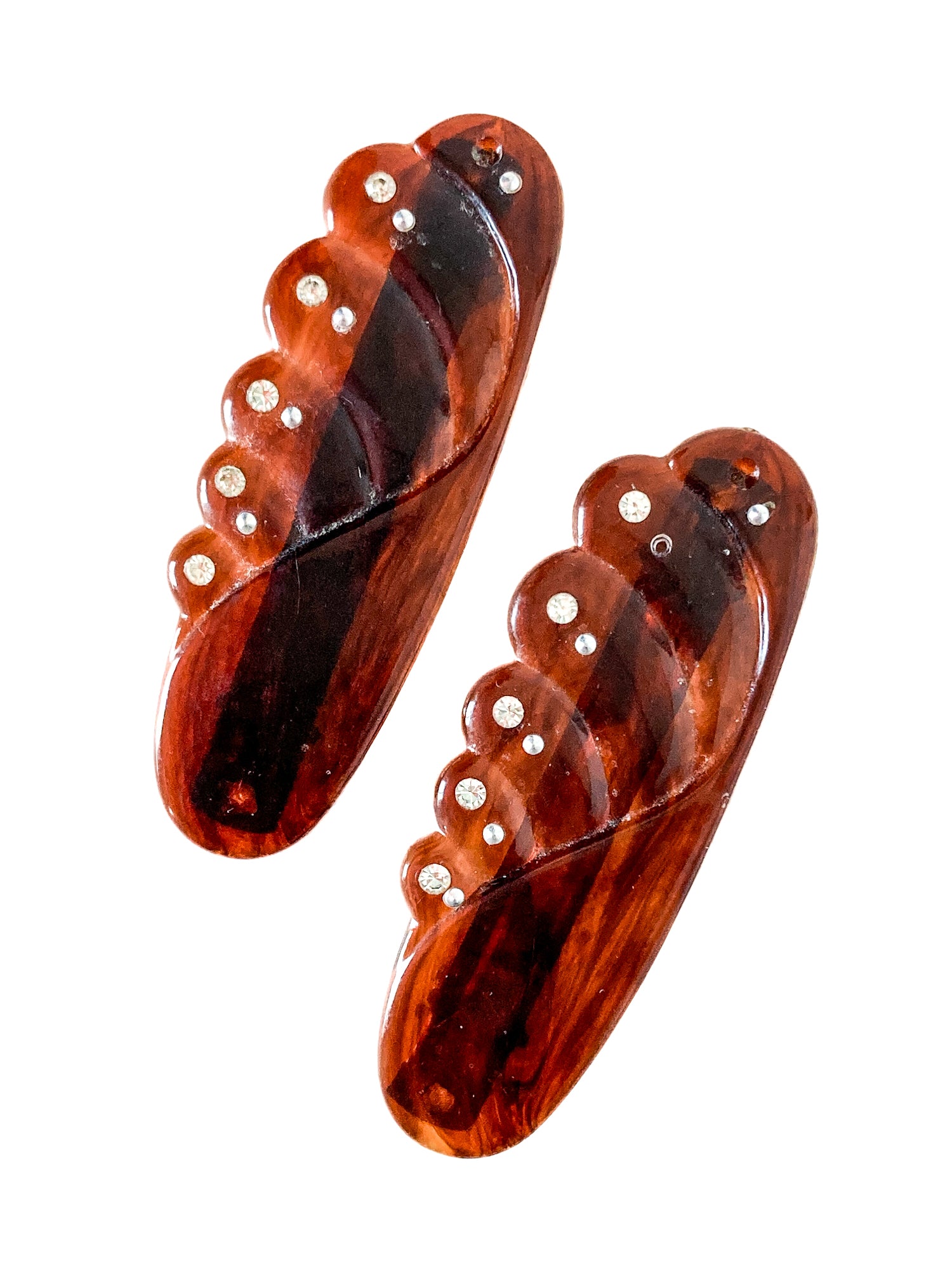 Pair Vintage Tortoise Brown Bakelite Rhinestone Hair Clip Barrettes