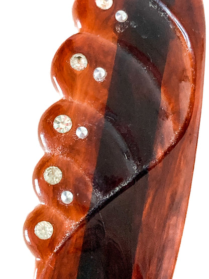 Pair Vintage Tortoise Brown Bakelite Rhinestone Hair Clip Barrettes