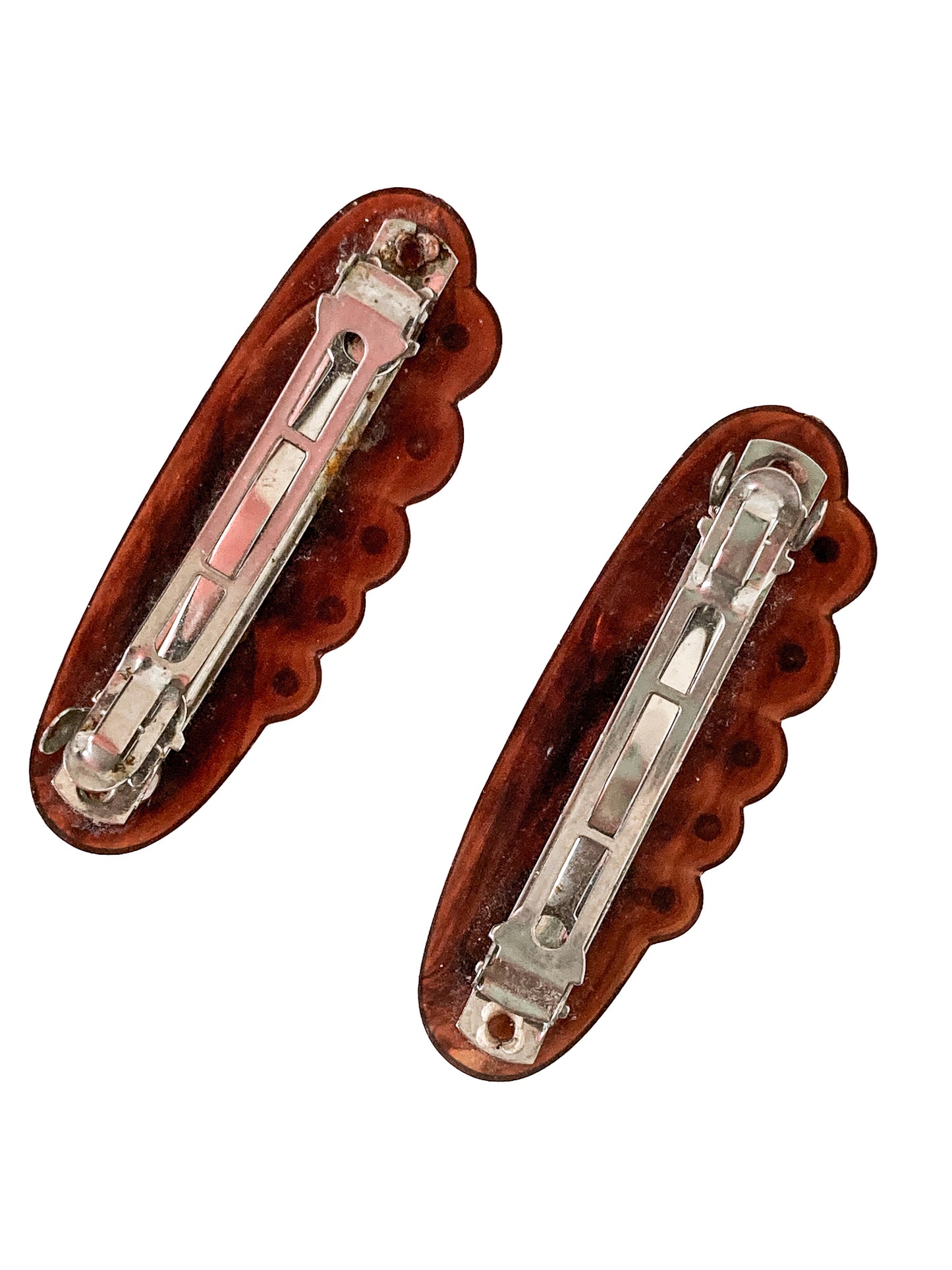 Pair Vintage Tortoise Brown Bakelite Rhinestone Hair Clip Barrettes