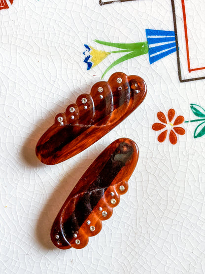 Pair Vintage Tortoise Brown Bakelite Rhinestone Hair Clip Barrettes