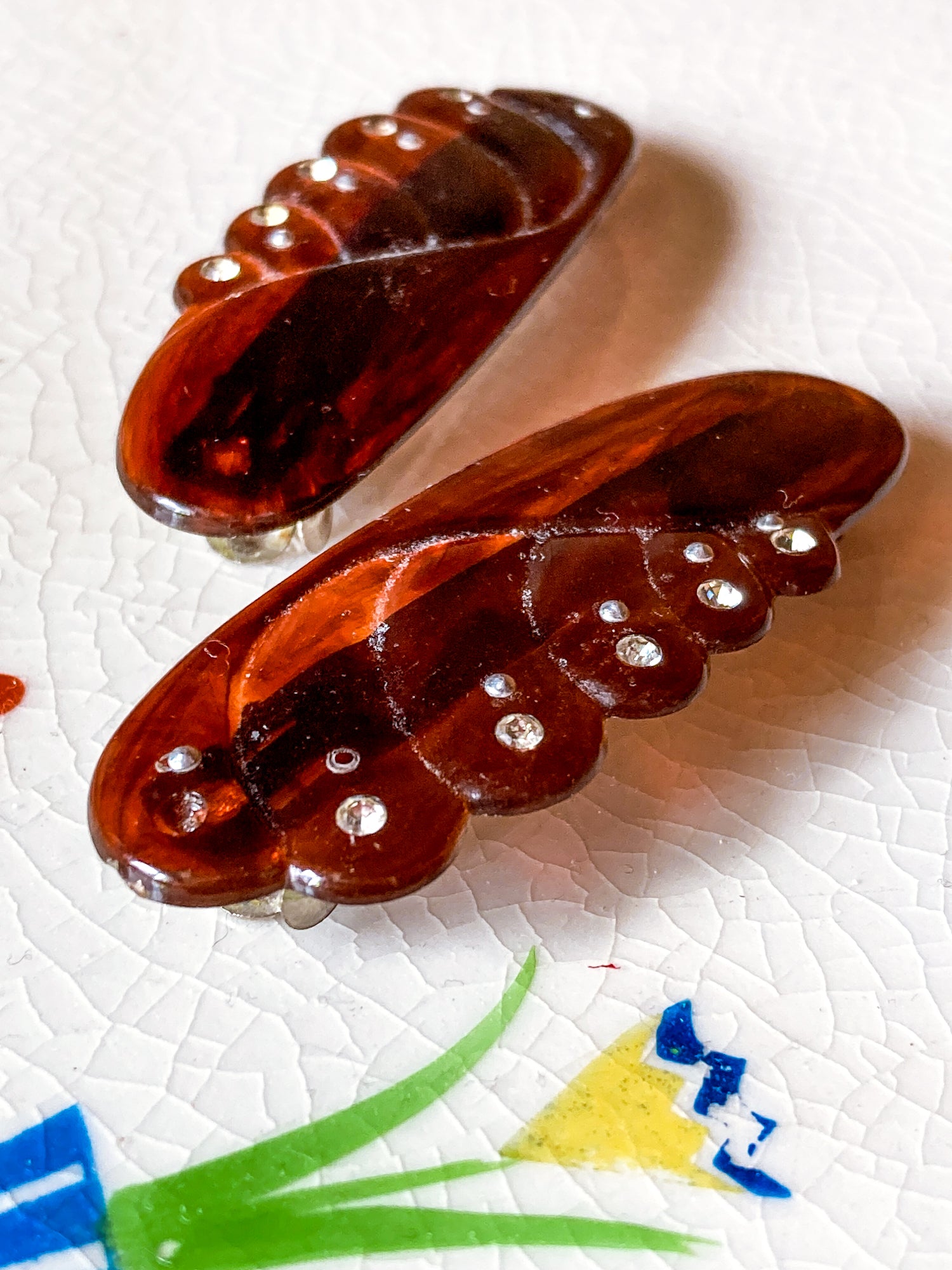 Pair Vintage Tortoise Brown Bakelite Rhinestone Hair Clip Barrettes