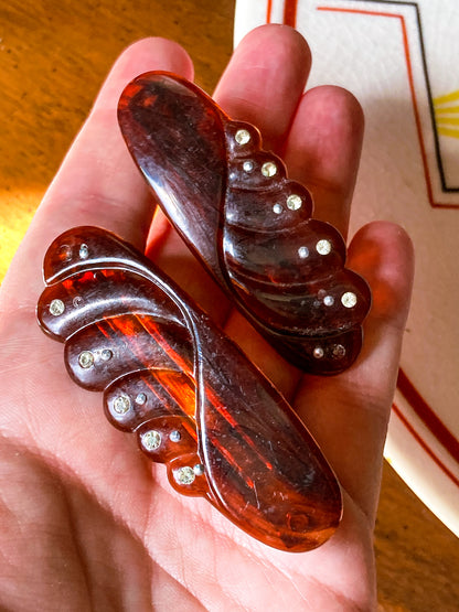 Pair Vintage Tortoise Brown Bakelite Rhinestone Hair Clip Barrettes