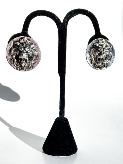 Vintage Particolari Italian Silver Toned Lion Head Clip On Earrings