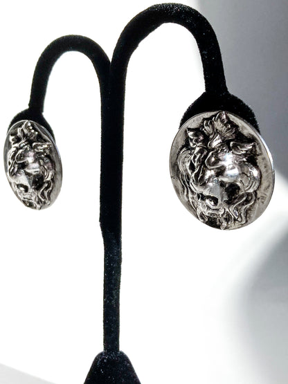 Vintage Particolari Italian Silver Toned Lion Head Clip On Earrings