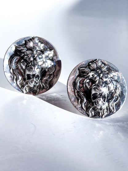 Vintage Particolari Italian Silver Toned Lion Head Clip On Earrings