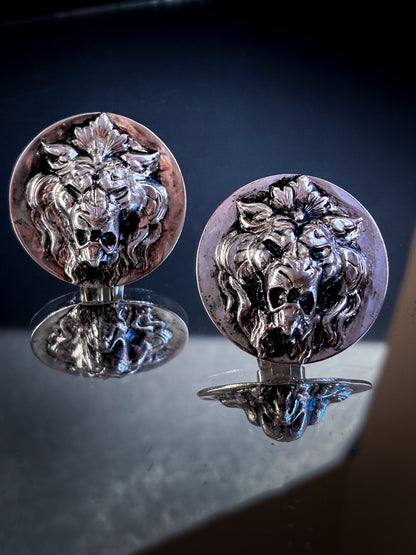 Vintage Particolari Italian Silver Toned Lion Head Clip On Earrings