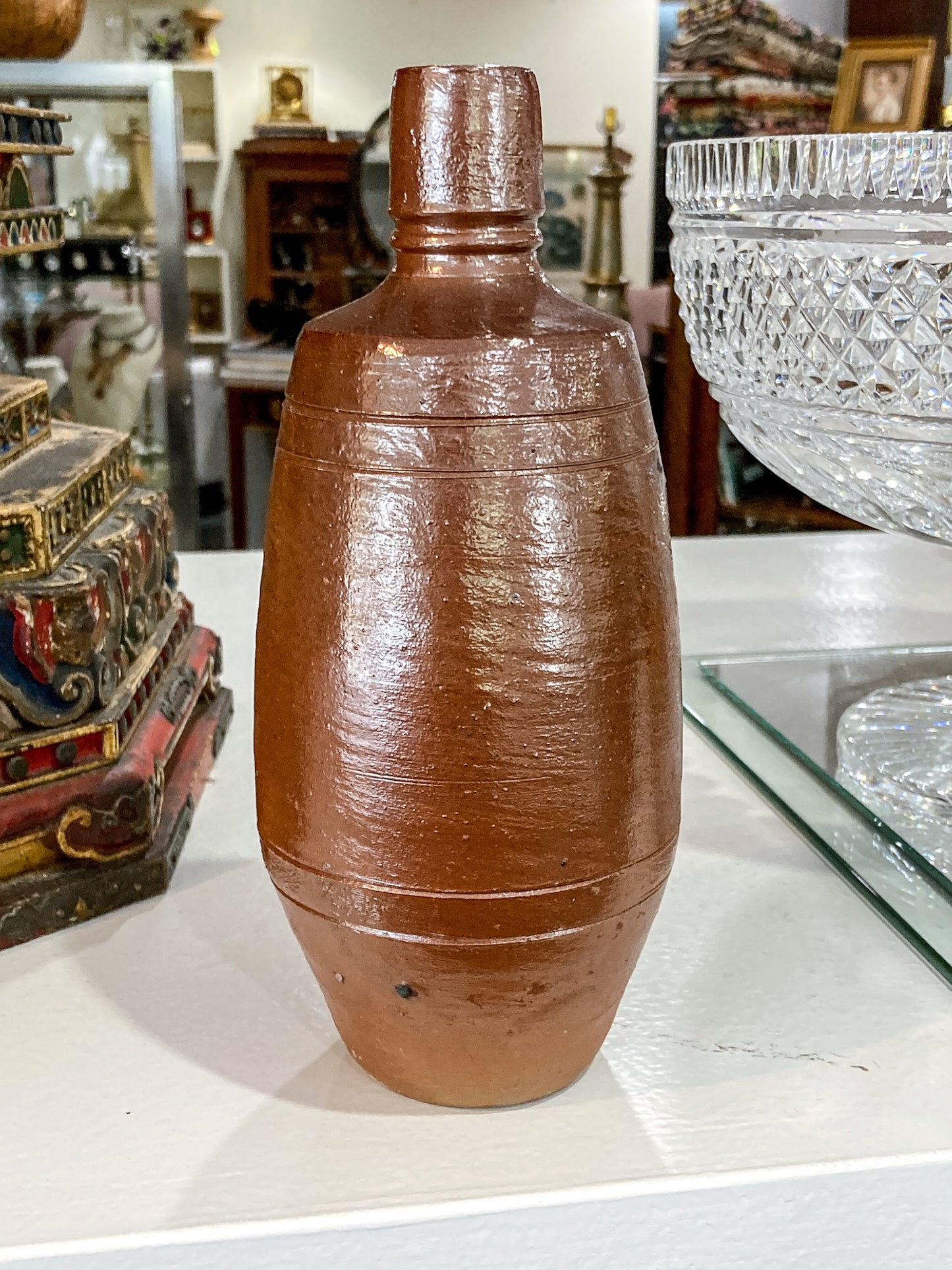 Vintage Portuguese Style Pottery Brown Stoneware Jug Vase Wine Bottle