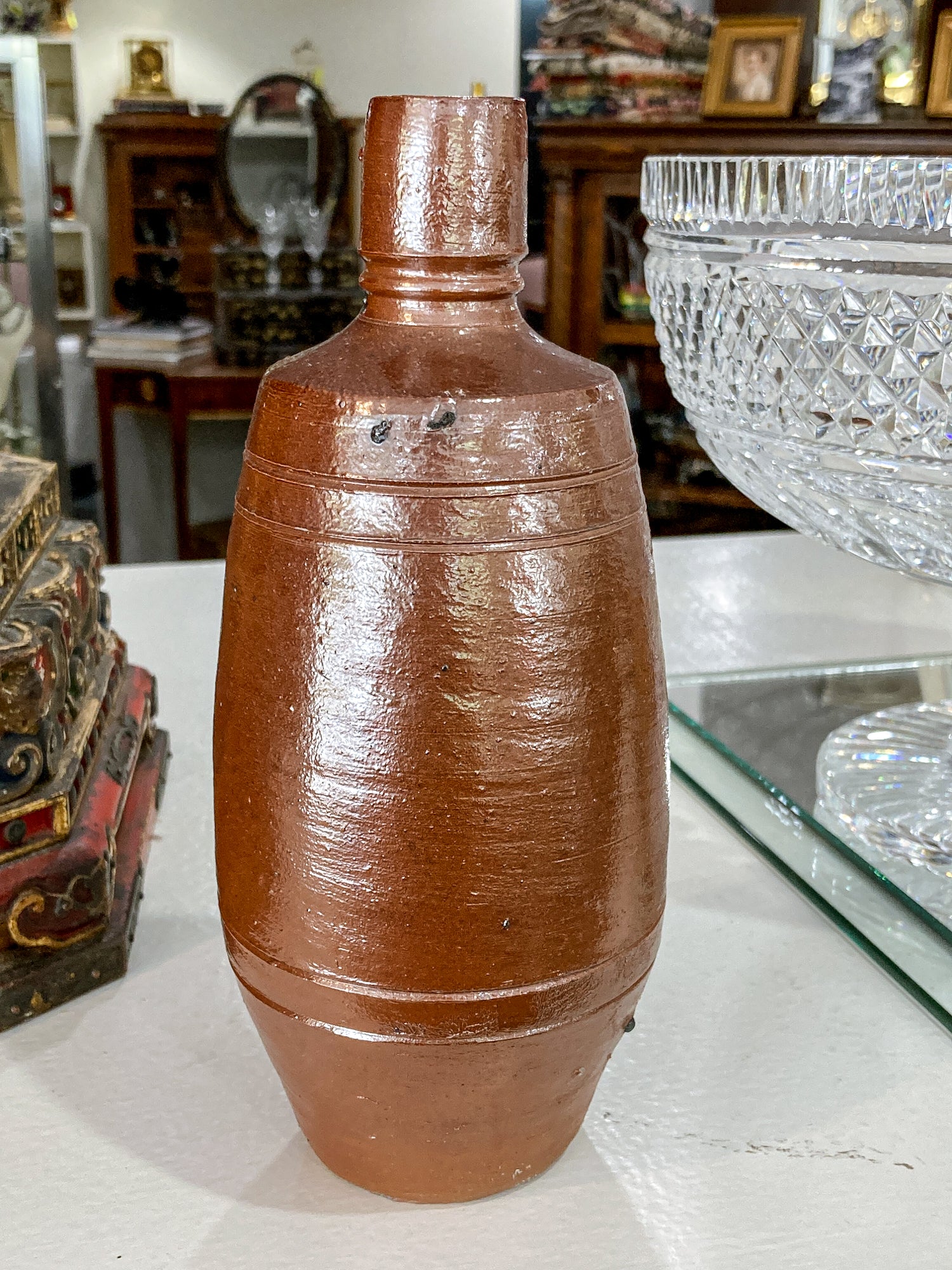 Vintage Portuguese Style Pottery Brown Stoneware Jug Vase Wine Bottle