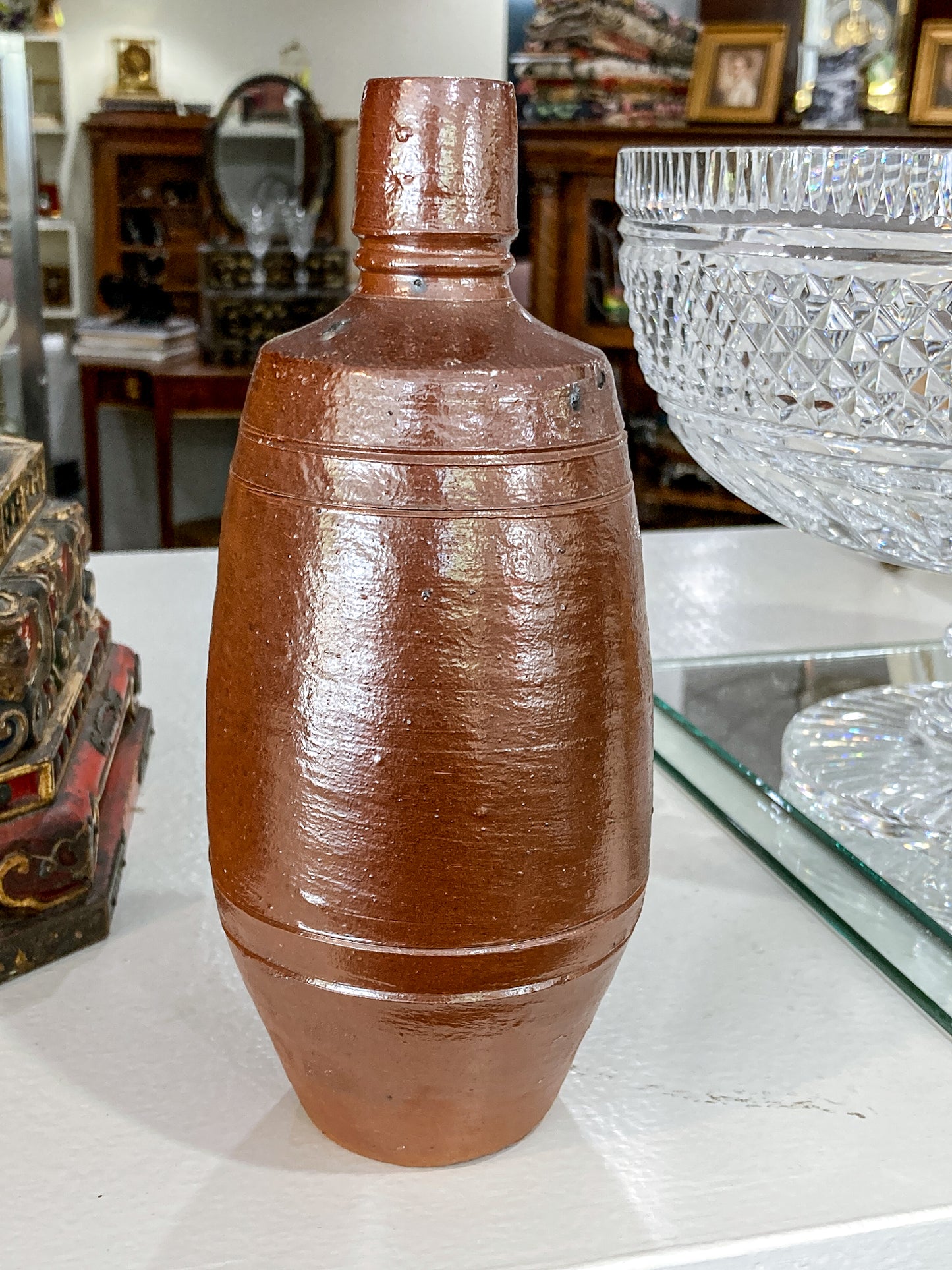 Vintage Portuguese Style Pottery Brown Stoneware Jug Vase Wine Bottle