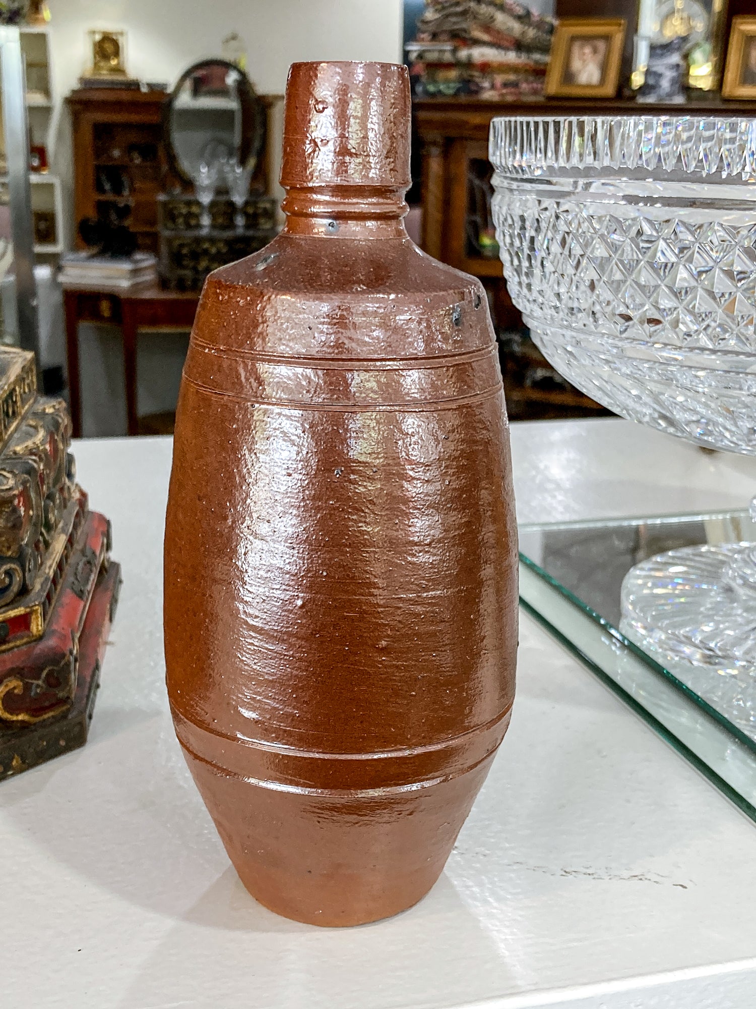 Vintage Portuguese Style Pottery Brown Stoneware Jug Vase Wine Bottle