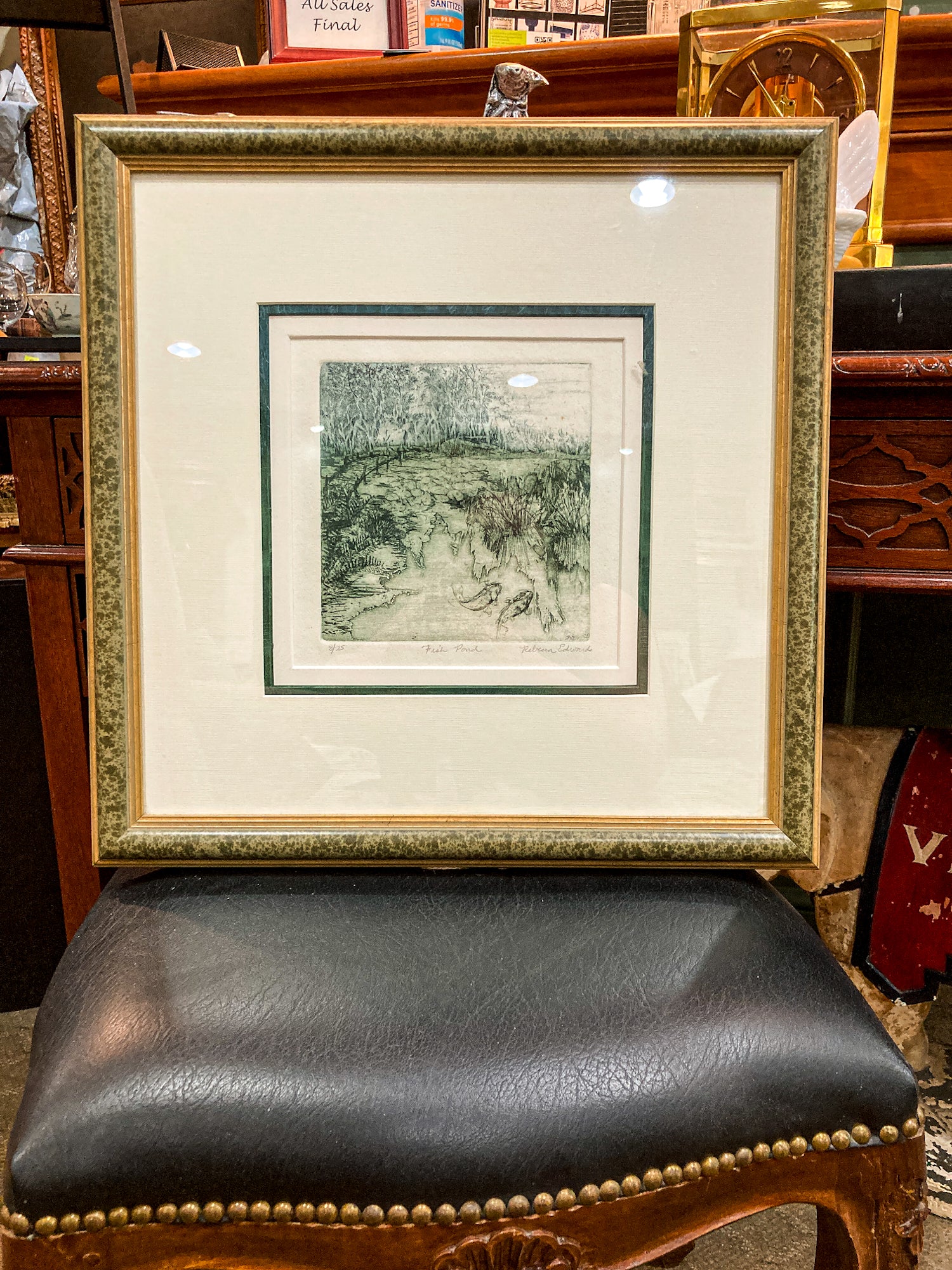Vintage Rebecca Edwards Green Koi Fish Pond 8/25 Framed Aquatint Etching
