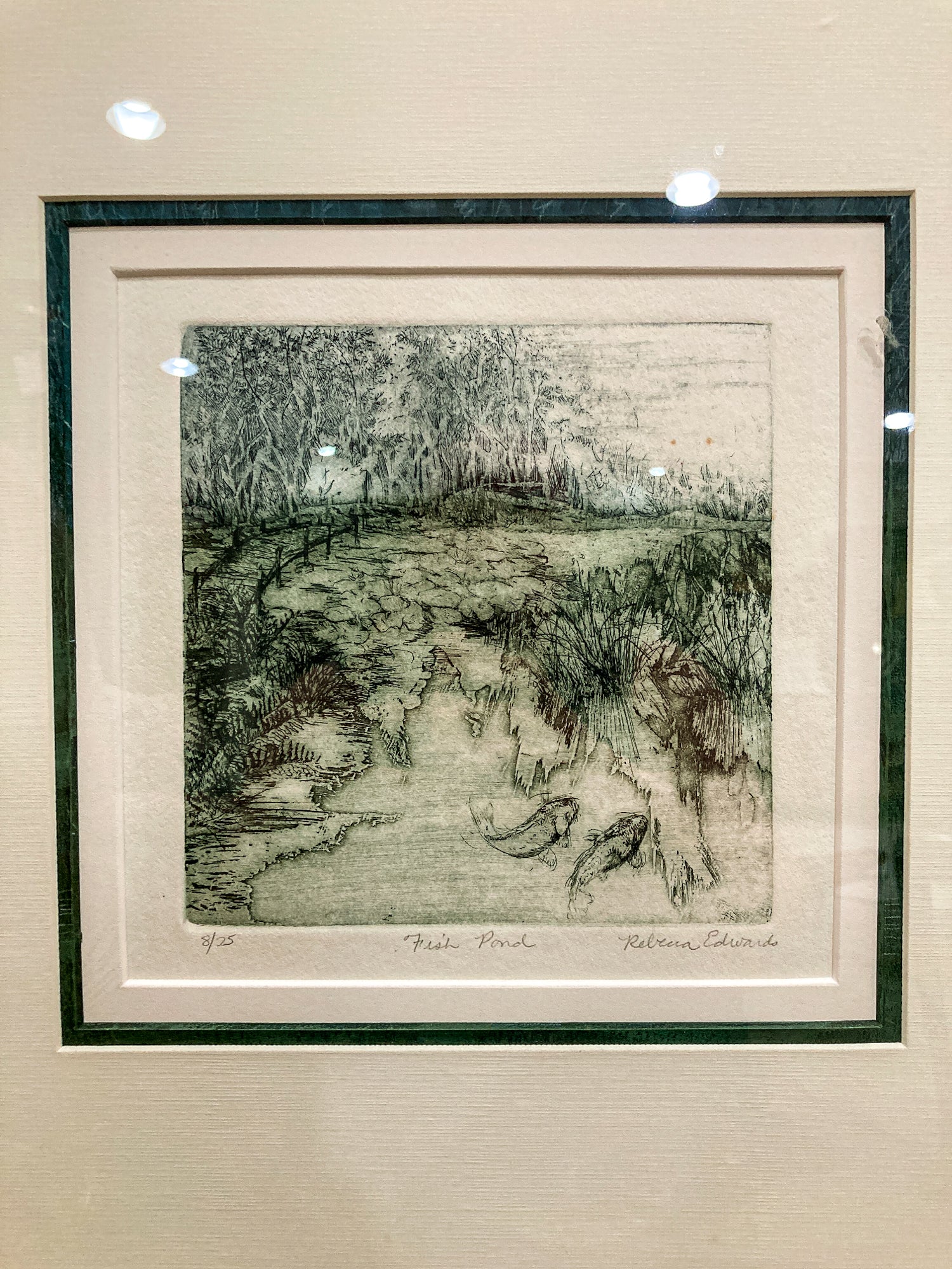 Vintage Rebecca Edwards Green Koi Fish Pond 8/25 Framed Aquatint Etching