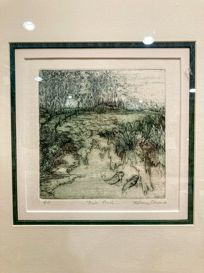 Vintage Rebecca Edwards Green Koi Fish Pond 8/25 Framed Aquatint Etching