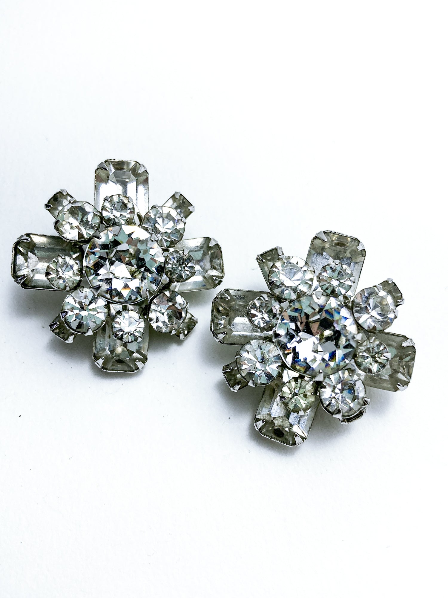 Vintage Reinad Clear Rhinestone Statement Clip On Earrings