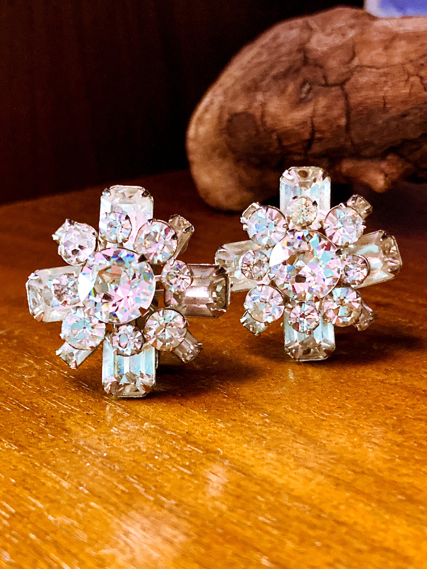 Vintage Reinad Clear Rhinestone Statement Clip On Earrings