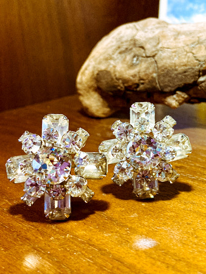 Vintage Reinad Clear Rhinestone Statement Clip On Earrings