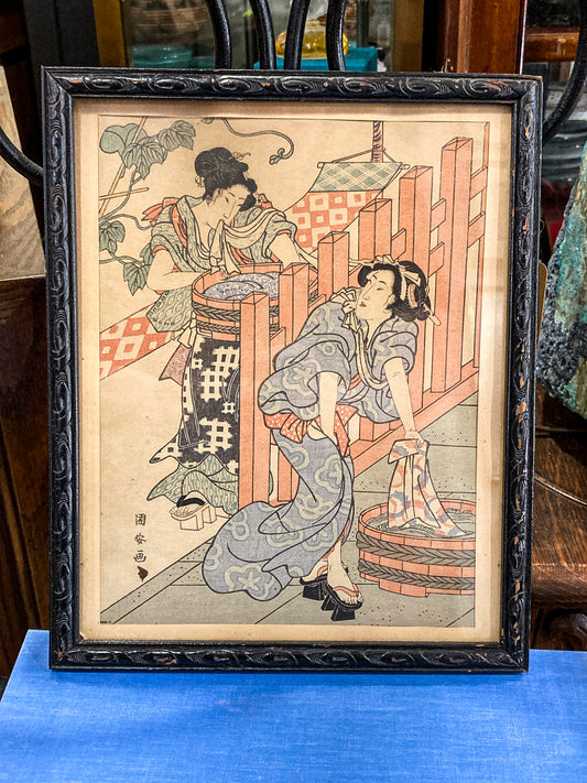 Vintage Reprint Beauties Doing Laundry Kuniyasu Framed Japanese Woodblock Print