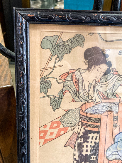 Vintage Reprint Beauties Doing Laundry Kuniyasu Framed Japanese Woodblock Print
