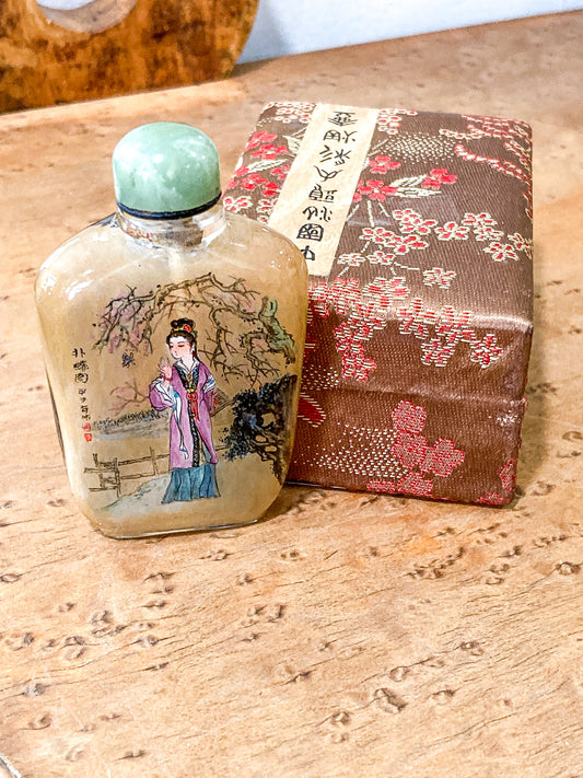 Vintage Hand Painted Chinese Green Lidded Glass Snuff Bottle Original Box