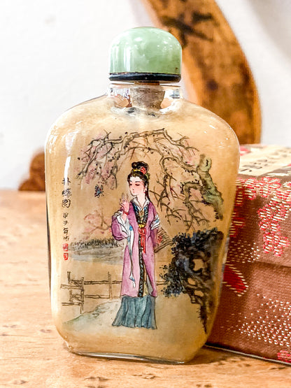 Vintage Hand Painted Chinese Green Lidded Glass Snuff Bottle Original Box