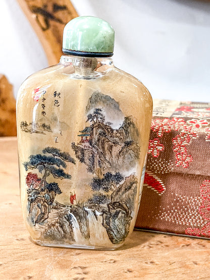 Vintage Hand Painted Chinese Green Lidded Glass Snuff Bottle Original Box