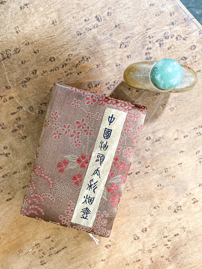 Vintage Hand Painted Chinese Green Lidded Glass Snuff Bottle Original Box