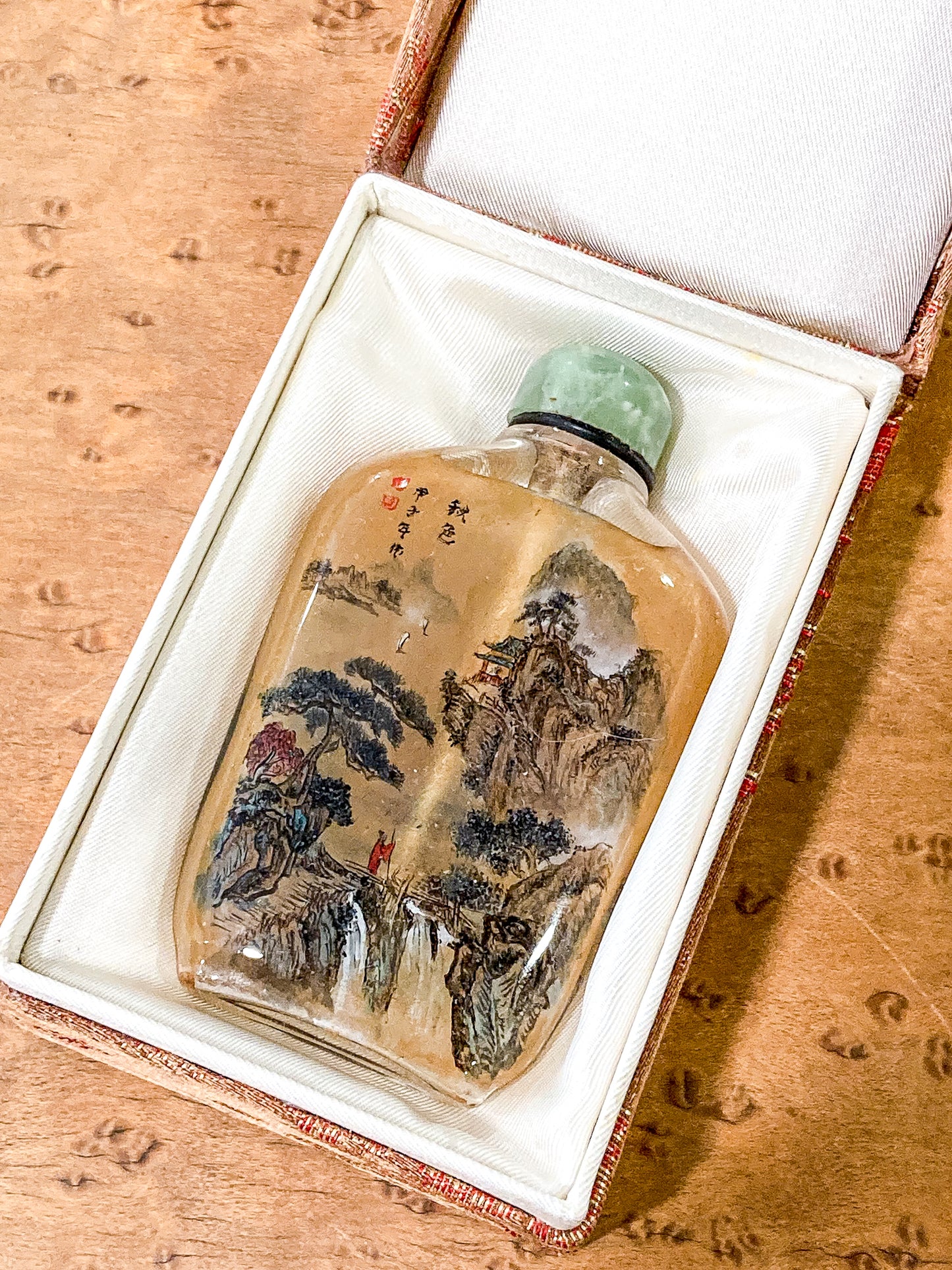 Vintage Hand Painted Chinese Green Lidded Glass Snuff Bottle Original Box
