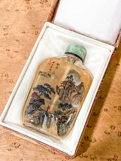 Vintage Hand Painted Chinese Green Lidded Glass Snuff Bottle Original Box