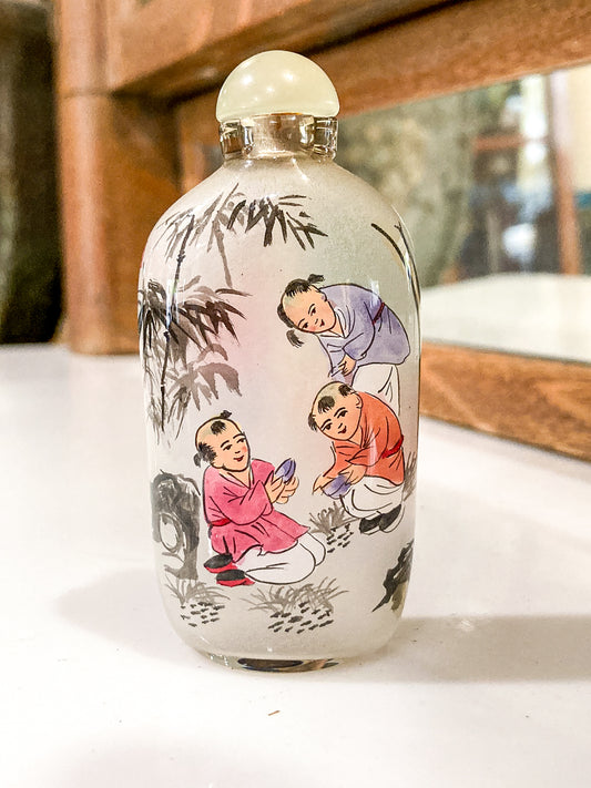 Vintage 1980's Hand Painted Frosted Glass Chinese Perfume Snuff Bottle