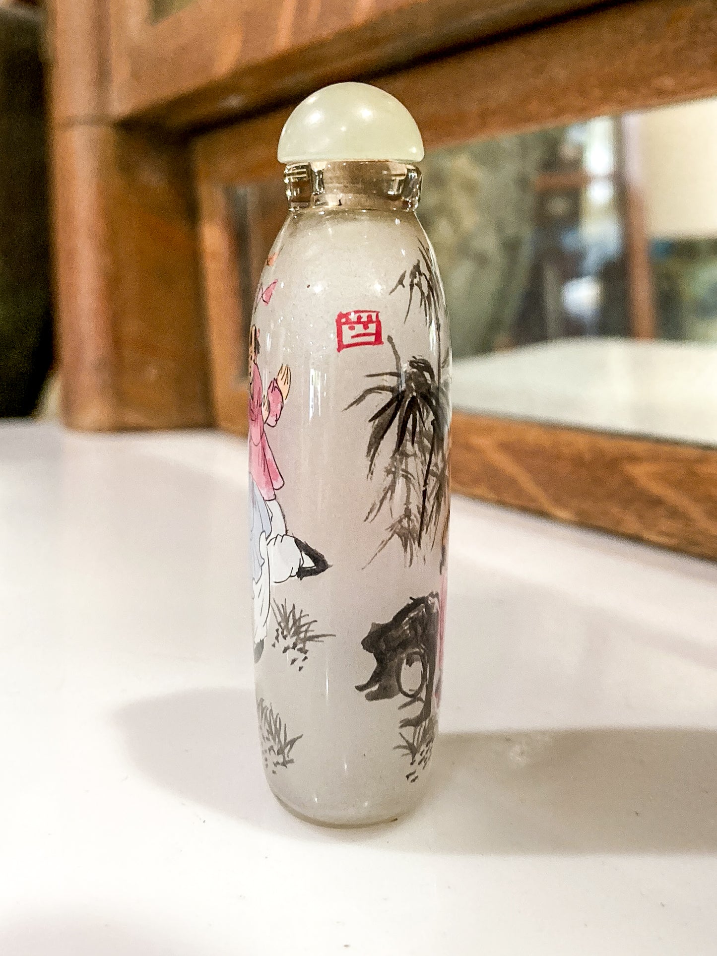 Vintage 1980's Hand Painted Frosted Glass Chinese Perfume Snuff Bottle