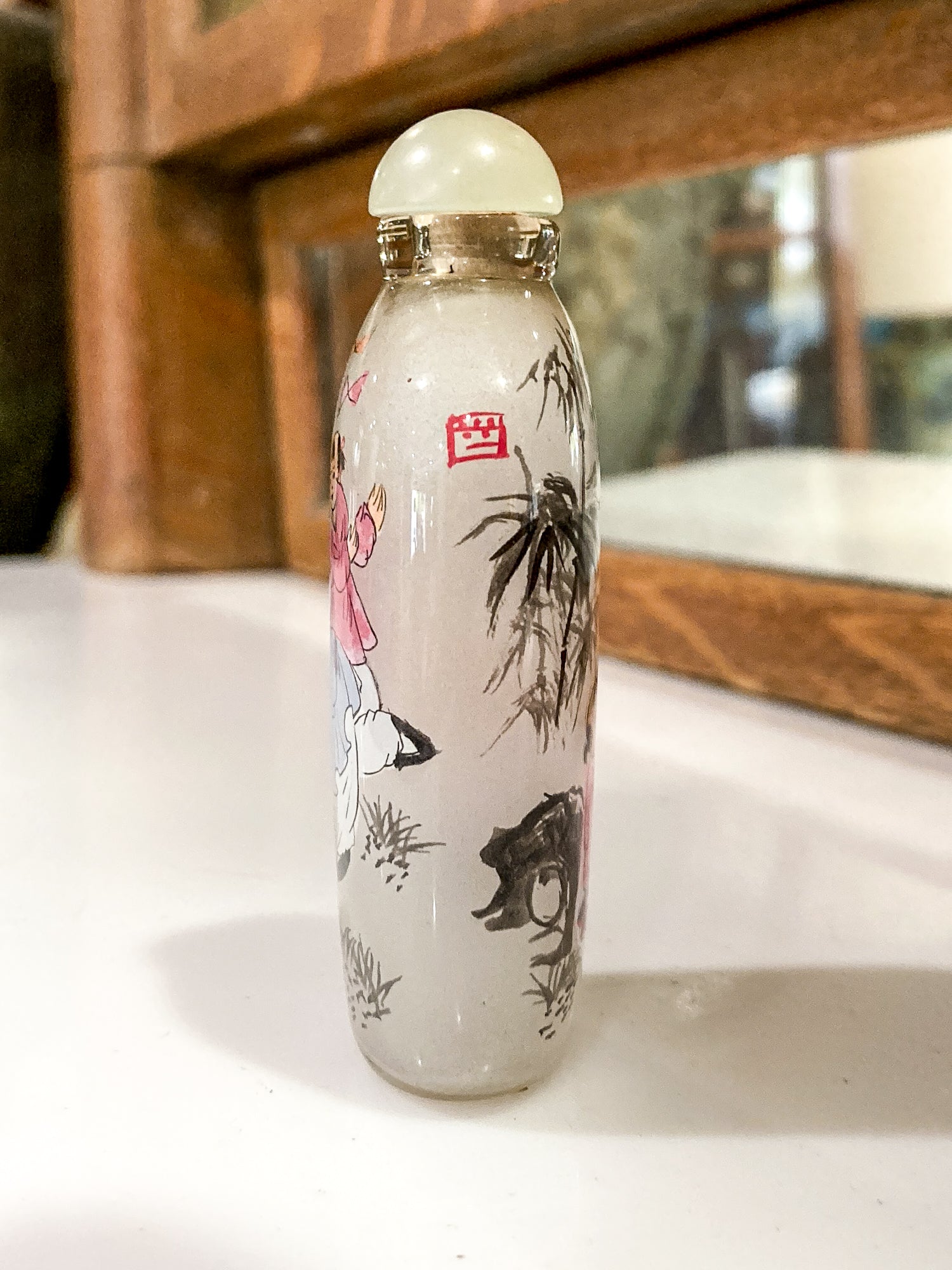 Vintage 1980's Hand Painted Frosted Glass Chinese Perfume Snuff Bottle