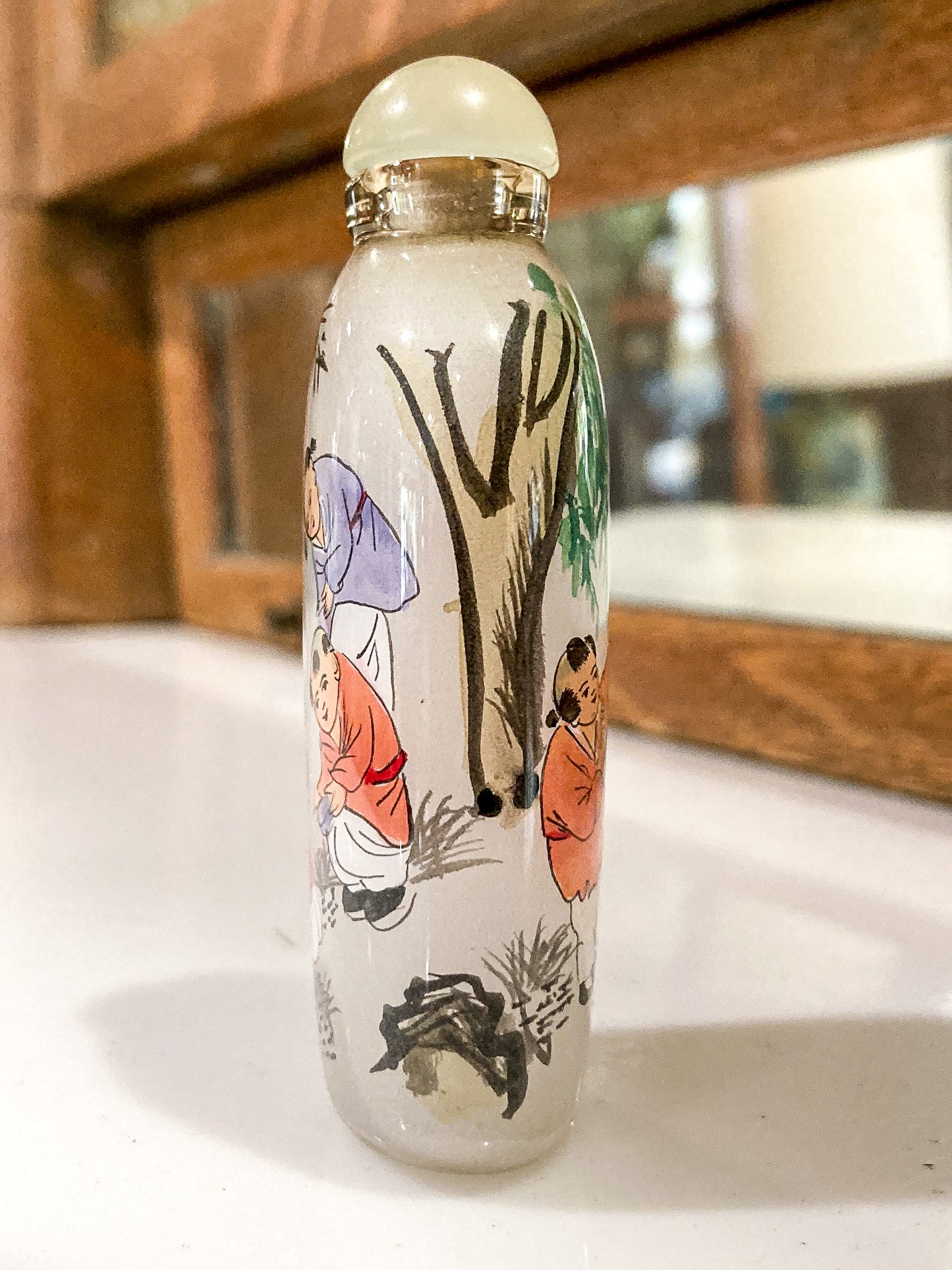 Vintage 1980's Hand Painted Frosted Glass Chinese Perfume Snuff Bottle