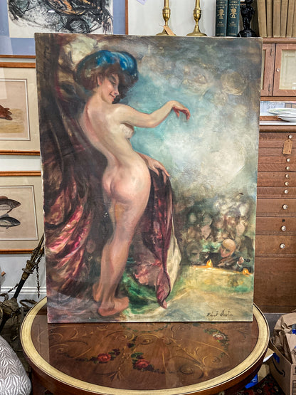 Vintage Robert Martin Antique Showgirl Nude Female Canvas Oil Painting