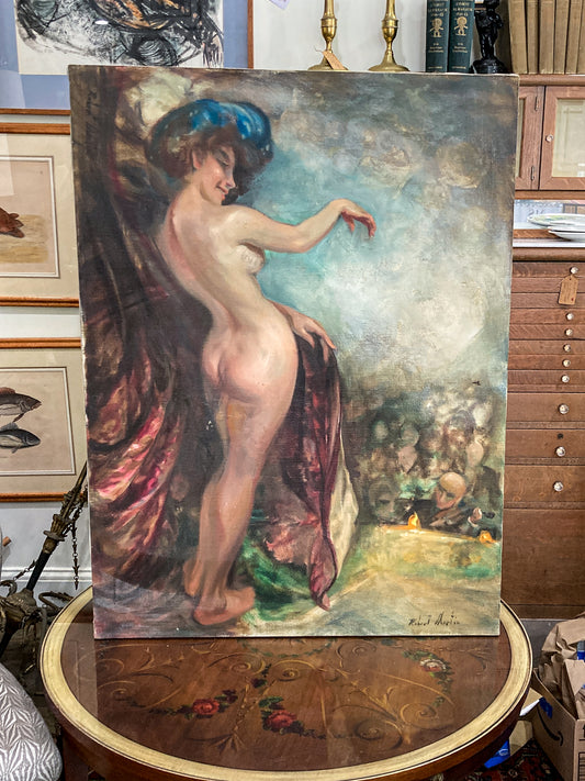 Vintage Robert Martin Antique Showgirl Nude Female Canvas Oil Painting