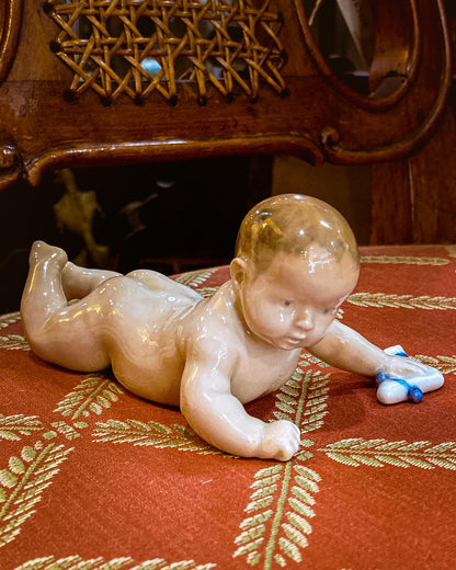 Vintage Royal Copenhagen Porcelain Baby #1739 Tummy Time Figurine
