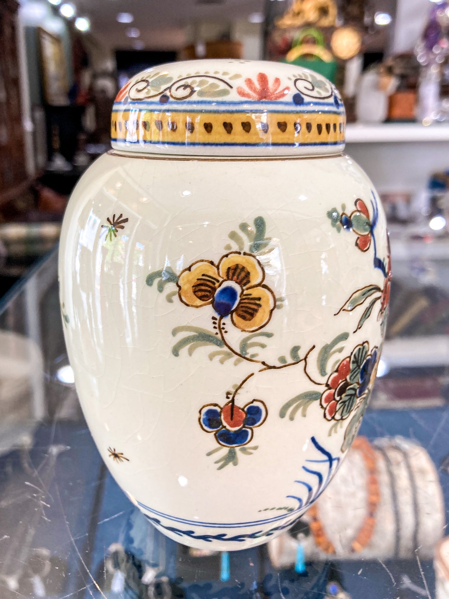 Vintage Royal Delft Floral Polychrome Earthenware Small Lidded Tea Caddy Jar