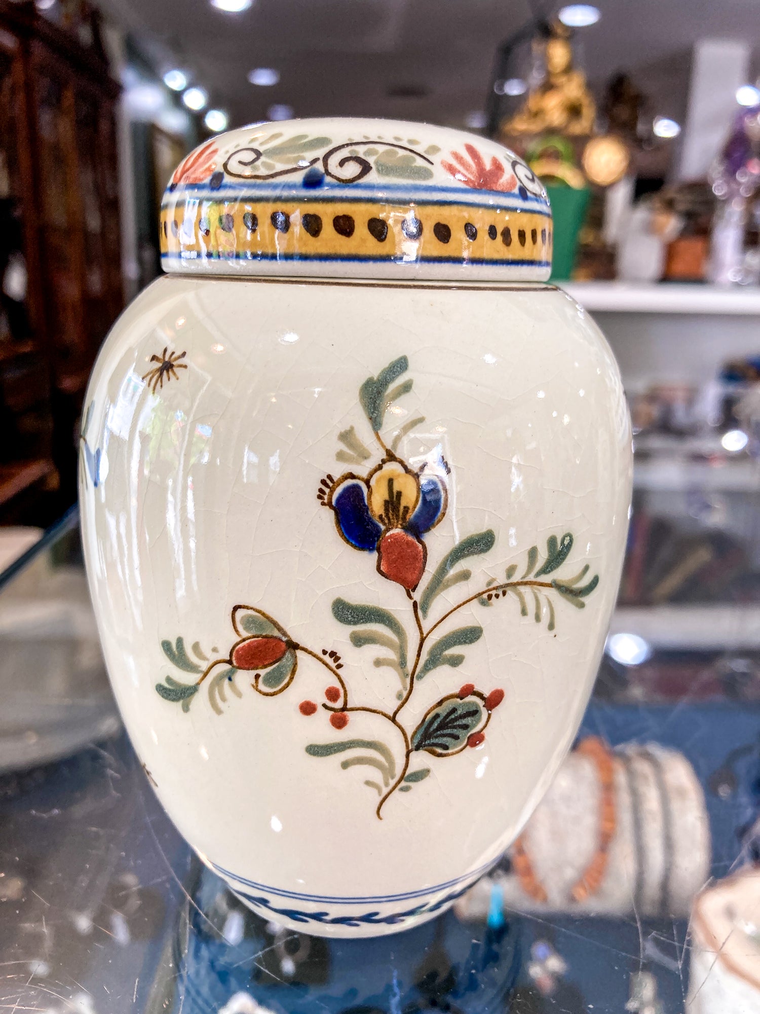 Vintage Royal Delft Floral Polychrome Earthenware Small Lidded Tea Caddy Jar