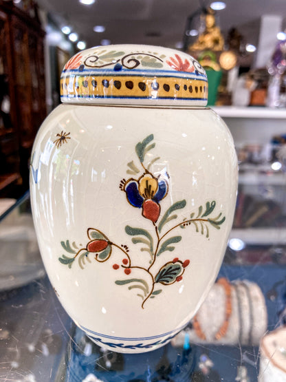 Vintage Royal Delft Floral Polychrome Earthenware Small Lidded Tea Caddy Jar
