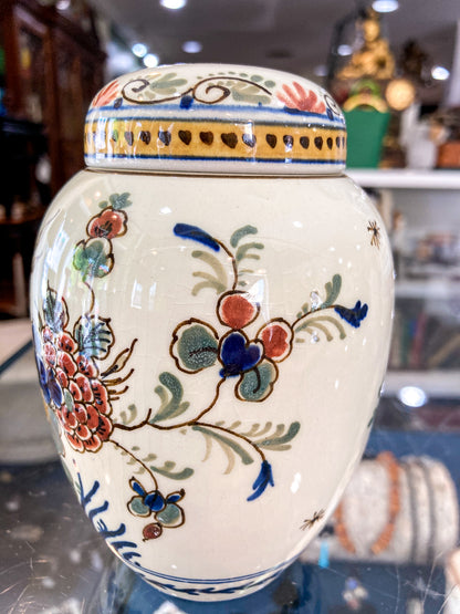 Vintage Royal Delft Floral Polychrome Earthenware Small Lidded Tea Caddy Jar