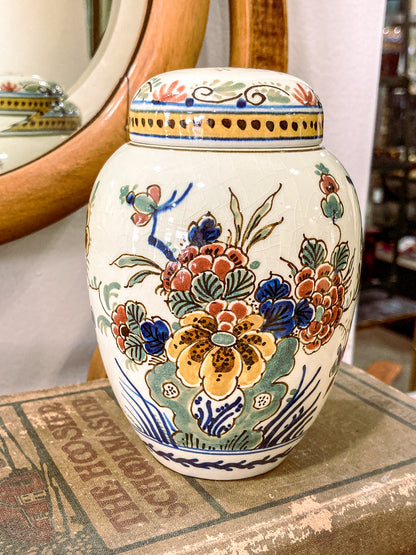 Vintage Royal Delft Floral Polychrome Earthenware Small Lidded Tea Caddy Jar