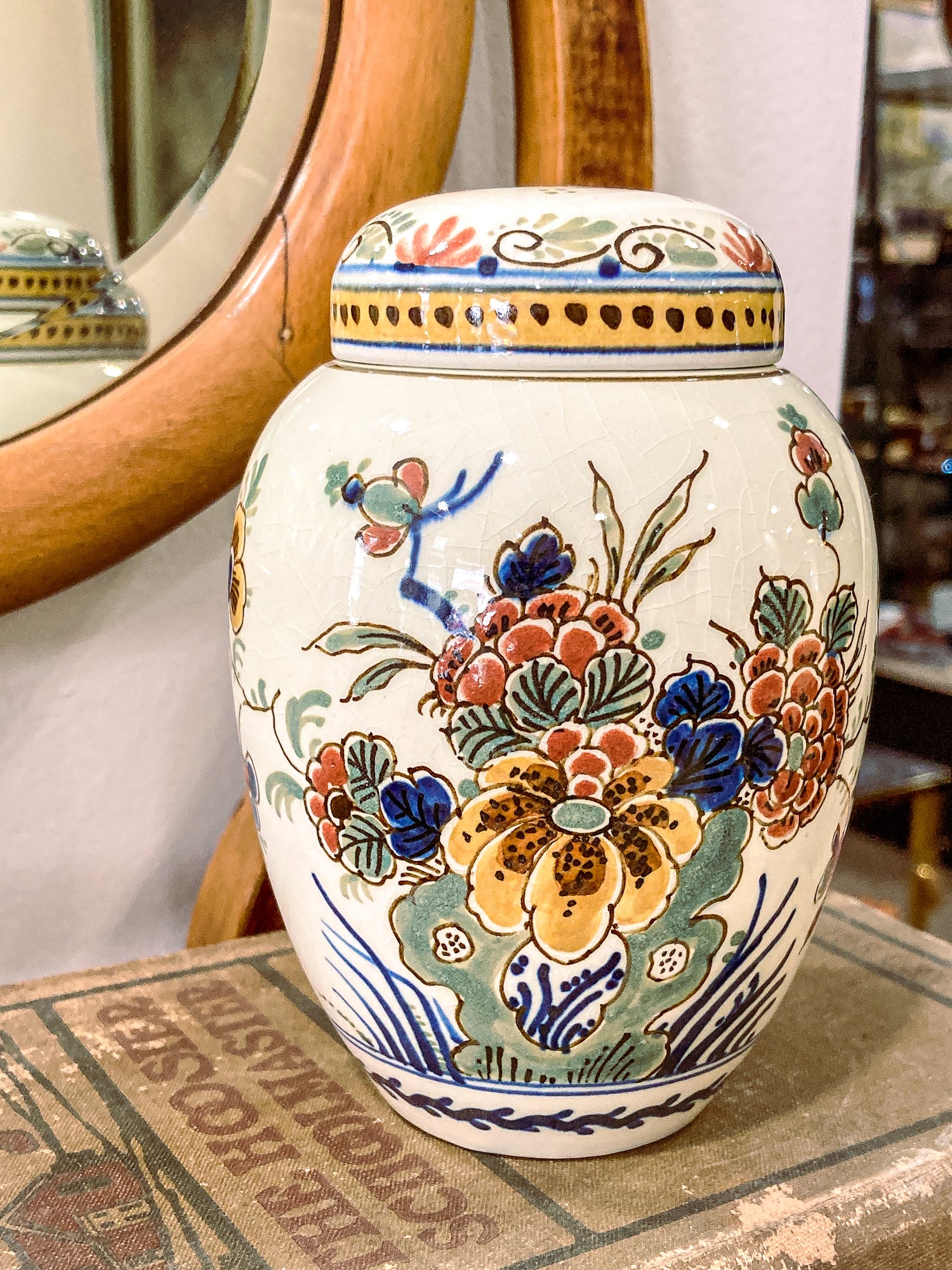 Vintage Royal Delft Floral Polychrome Earthenware Small Lidded Tea Caddy Jar