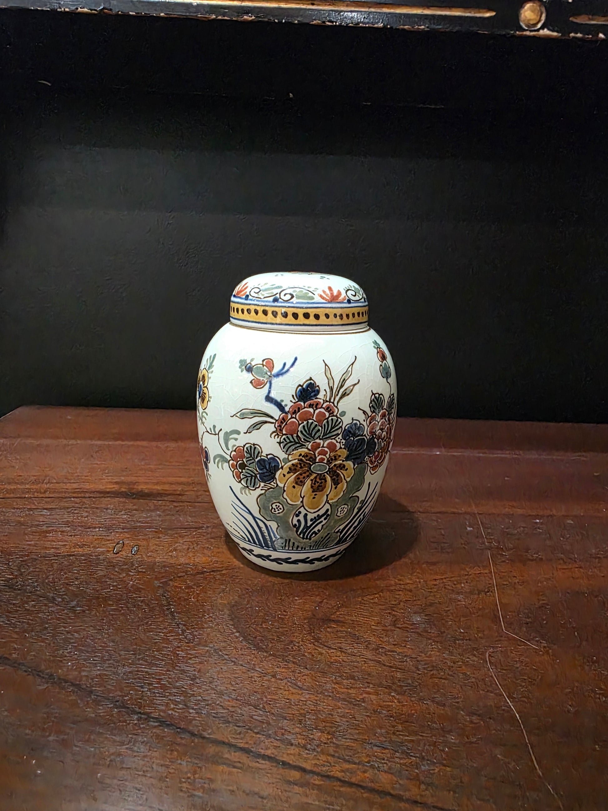 Vintage Royal Delft Floral Polychrome Earthenware Small Lidded Tea Caddy Jar