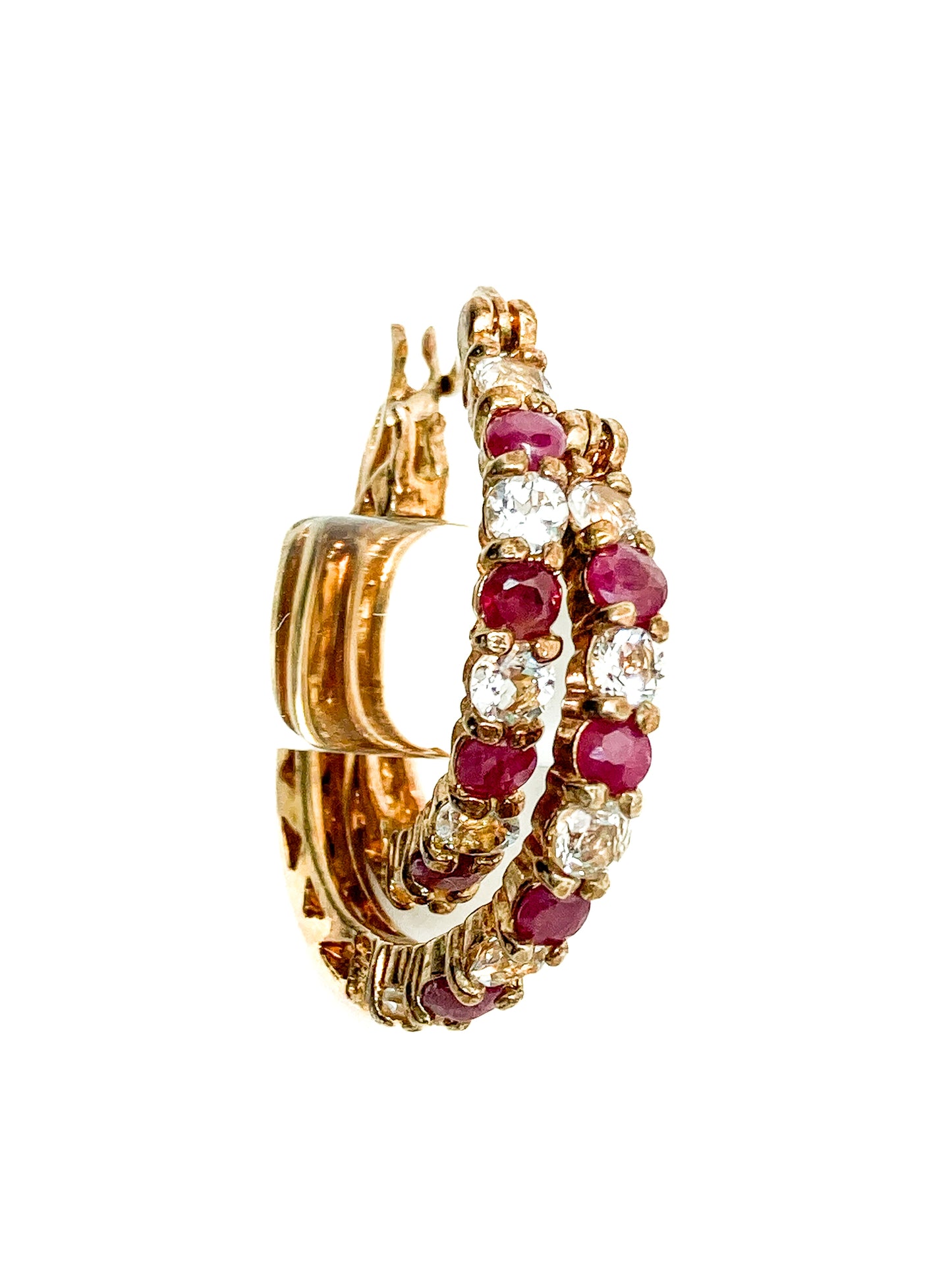 Vintage Ruby Clear Topaz Gold Filled Sterling Silver Latch Hoop Earrings