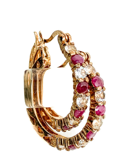 Vintage Ruby Clear Topaz Gold Filled Sterling Silver Latch Hoop Earrings