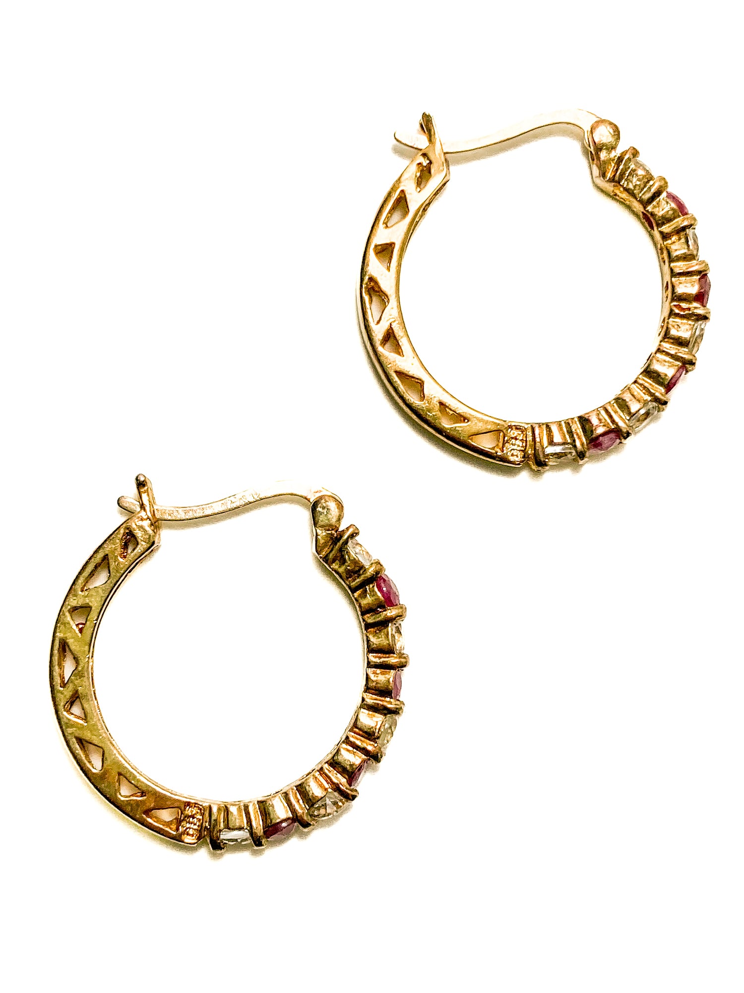 Vintage Ruby Clear Topaz Gold Filled Sterling Silver Latch Hoop Earrings