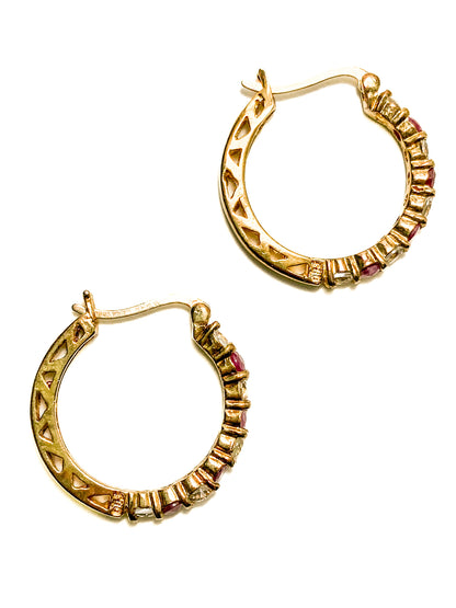 Vintage Ruby Clear Topaz Gold Filled Sterling Silver Latch Hoop Earrings