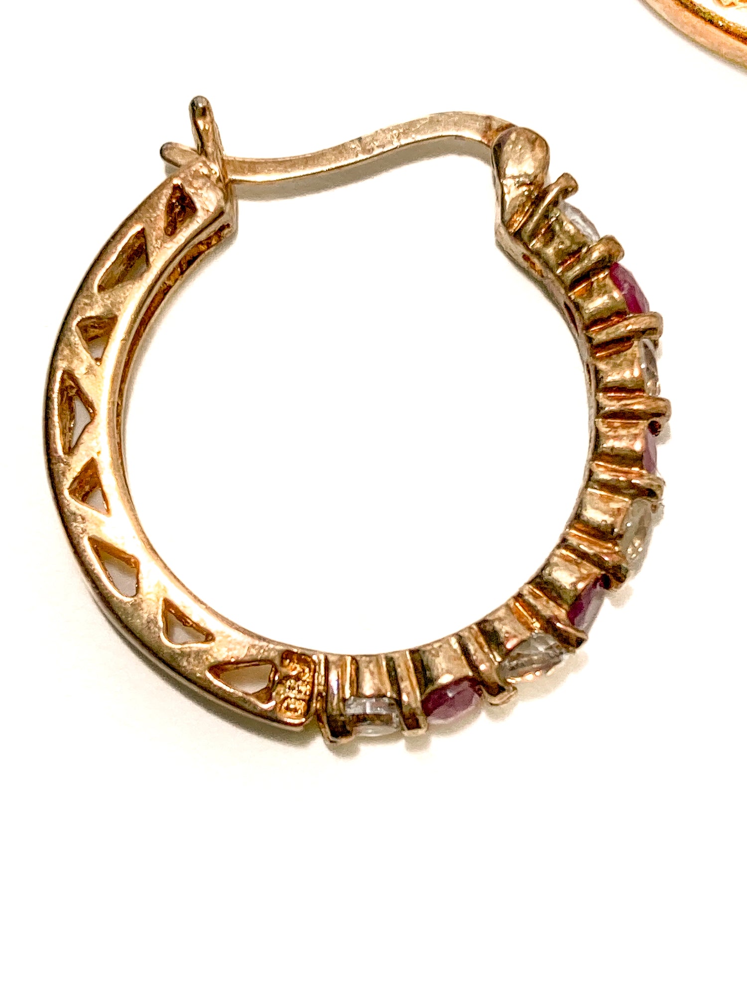 Vintage Ruby Clear Topaz Gold Filled Sterling Silver Latch Hoop Earrings