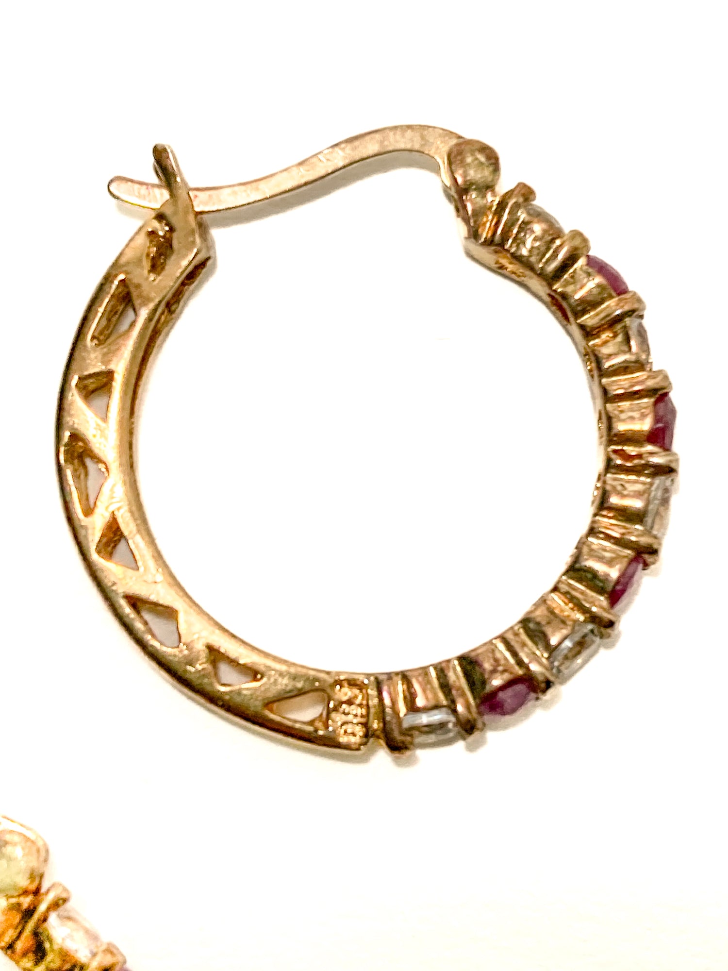 Vintage Ruby Clear Topaz Gold Filled Sterling Silver Latch Hoop Earrings